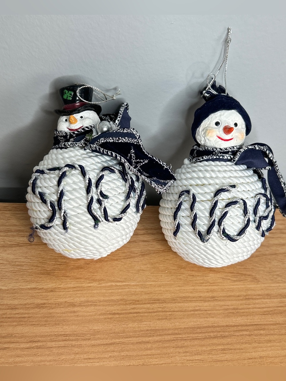 Snowman Christmas Ball Ornaments 2 Fabric White Black Silver Snow Noel Handmade